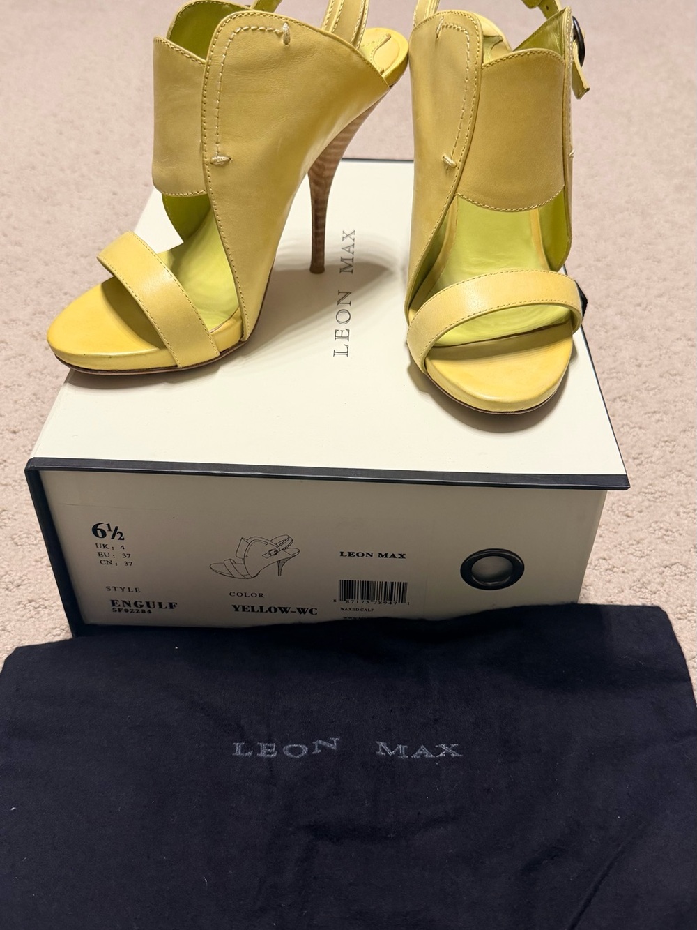 Leon Max Engulf Stiletto Heel Slingback Sandals Yellow Waxed Calf Leather 6.5